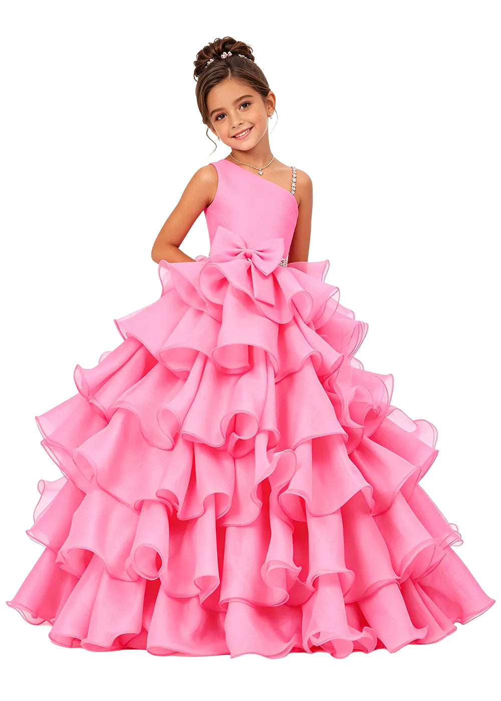 Asymmetrical Strap Tiered Organza Girls Pageant Dress