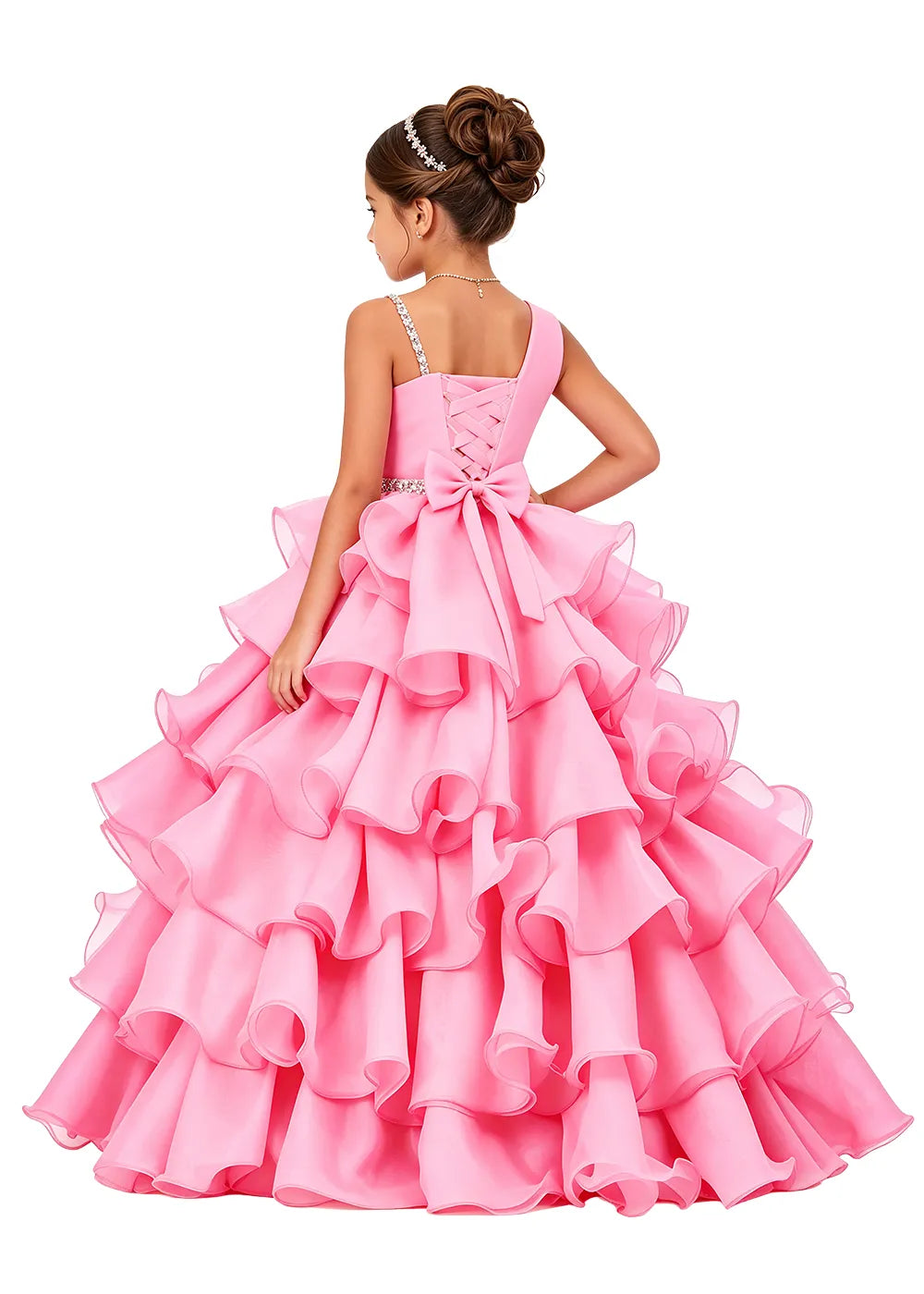 Asymmetrical Strap Tiered Organza Girls Pageant Dress