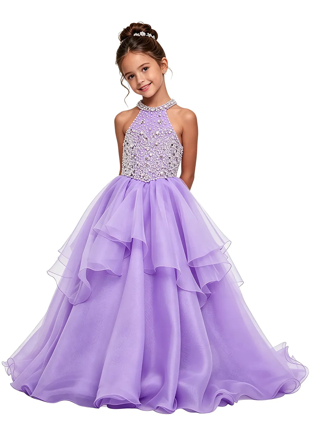 Beaded Halter Tiered Girls Pageant Dress