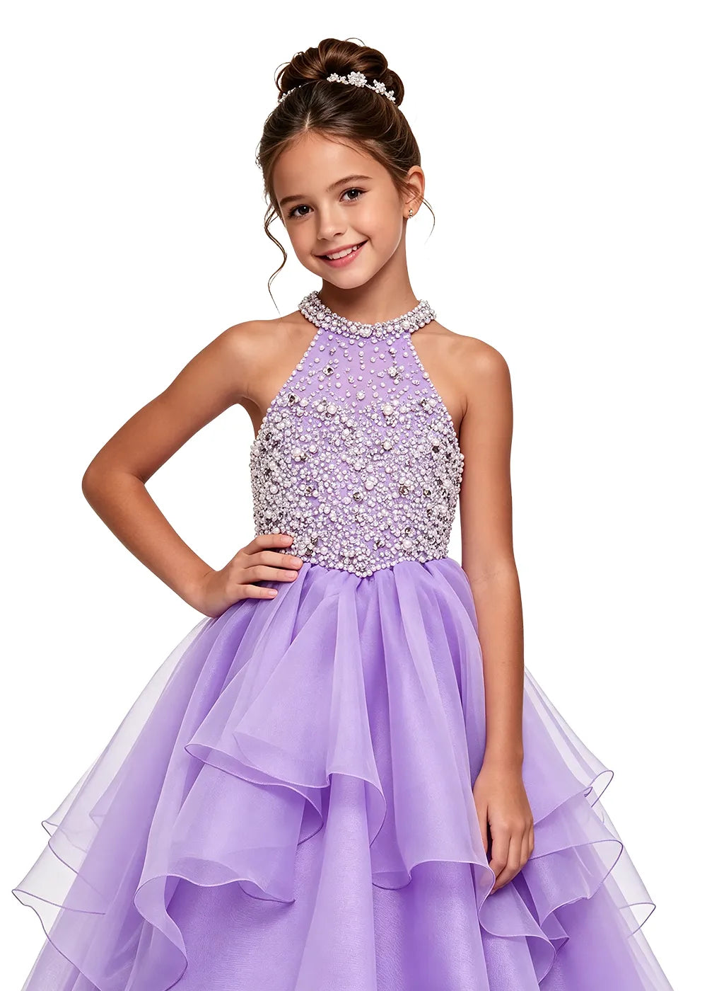 Beaded Halter Tiered Girls Pageant Dress