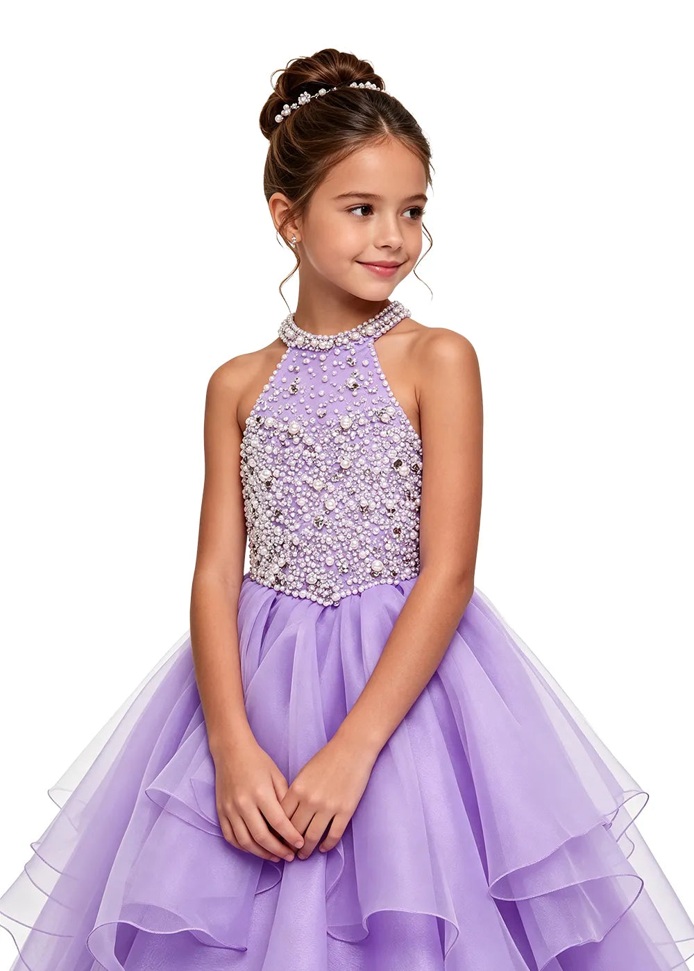 Beaded Halter Tiered Girls Pageant Dress