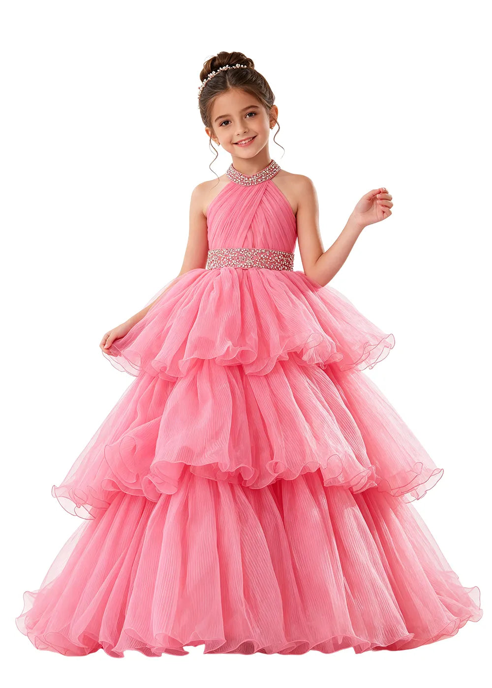 Beaded Halter Tiered Tulle Girls Pageant Gown