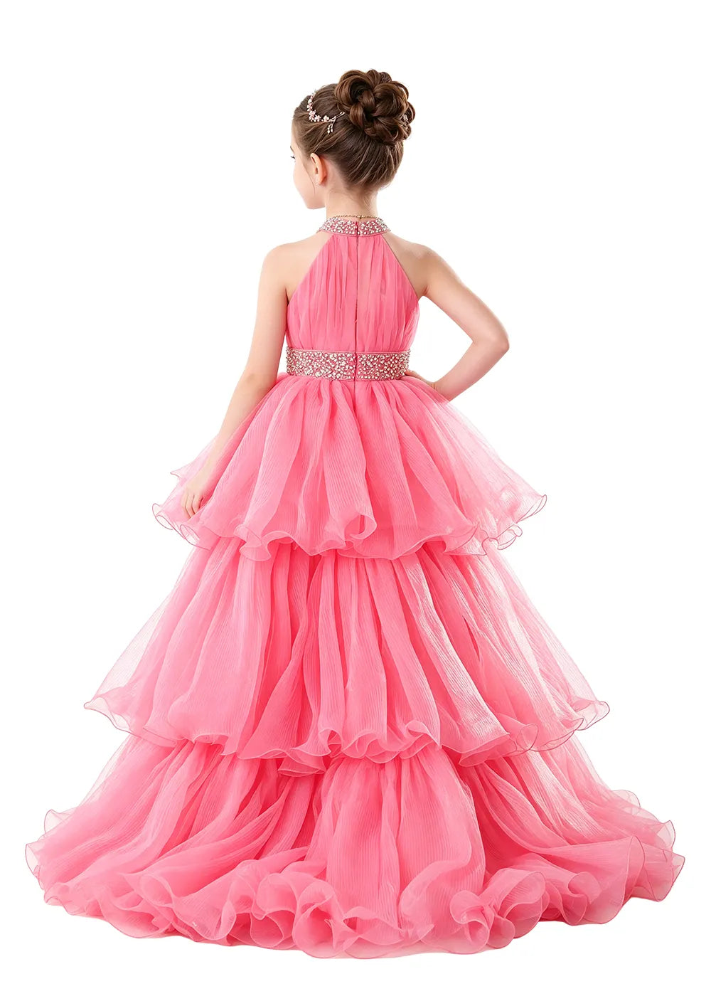 Beaded Halter Tiered Tulle Girls Pageant Gown