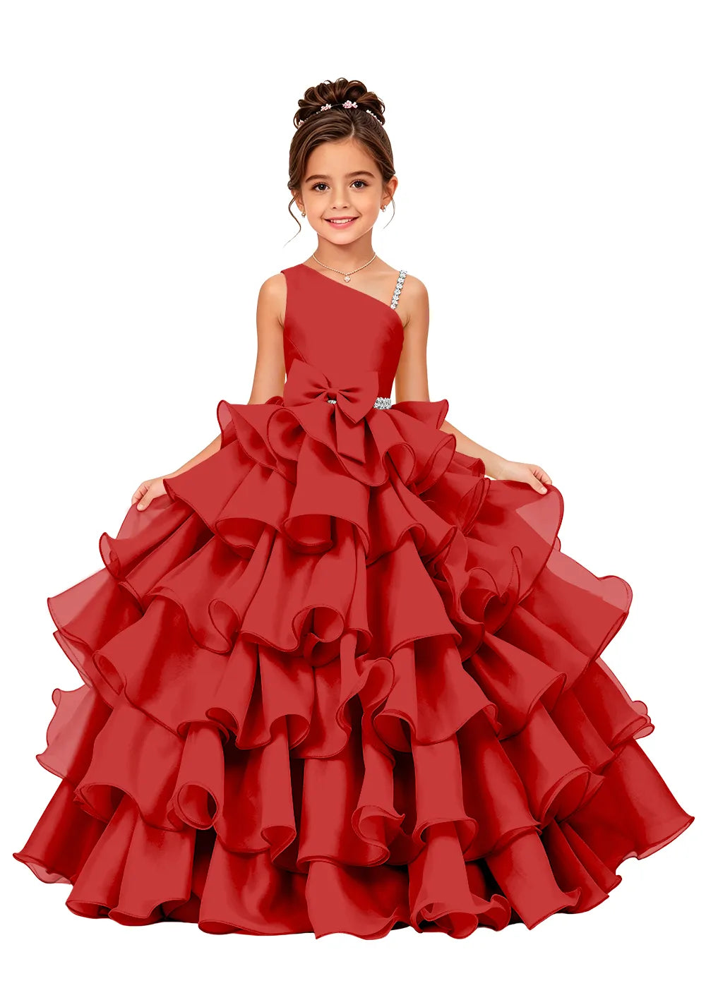 Asymmetrical Strap Tiered Organza Girls Pageant Dress