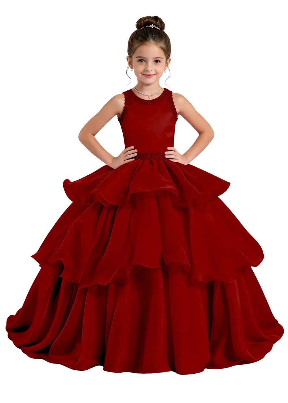 Lace-Trim Tiered Satin Girls Birthday Ball Gown