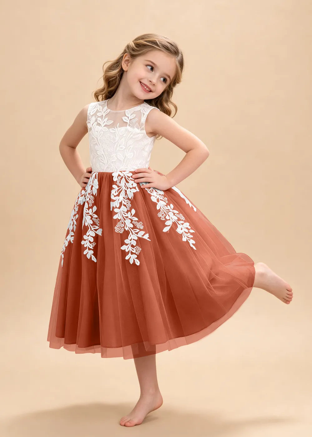 Sleeveless Lace Appliqué Tulle Flower Girl Dress