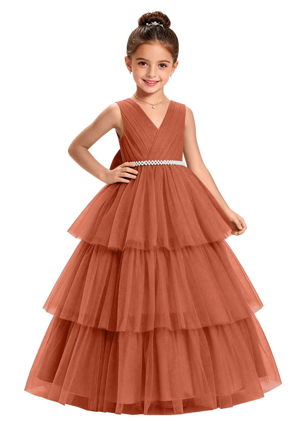 V-Neck Tiered Tulle Girls Princess Dress