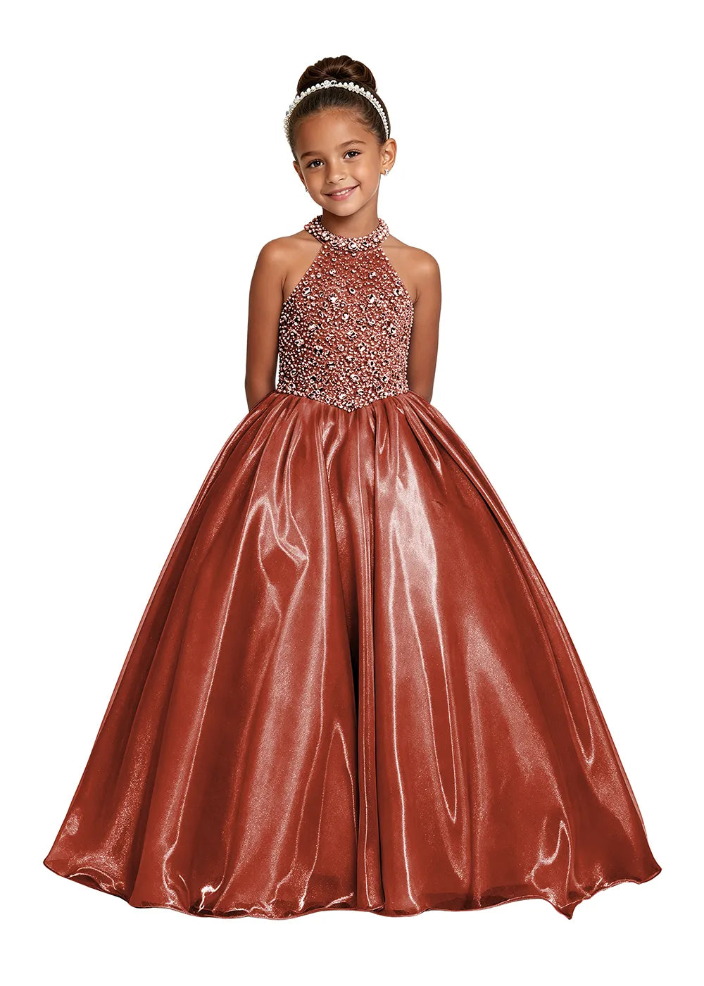 Jeweled Halter Satin Girls Ball Gown