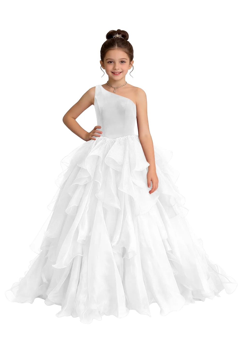 Asymmetric One-Shoulder Cascading Ruffle Girls Ball Gown