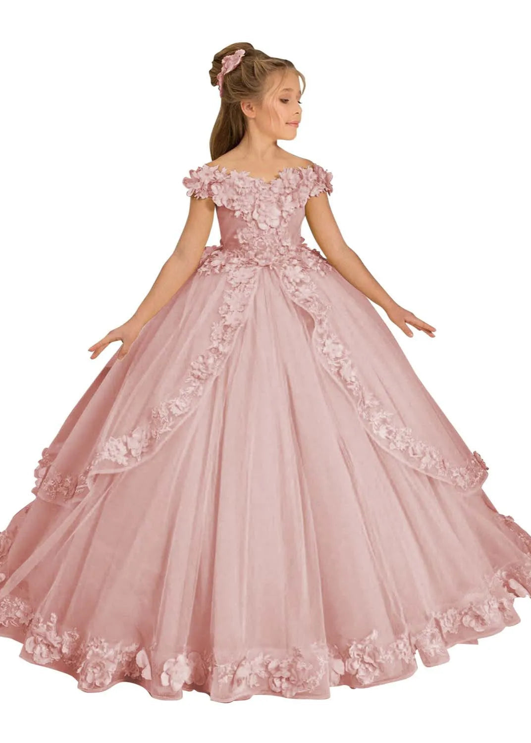Formal Princess Dress with Tulle and Lace Flowers