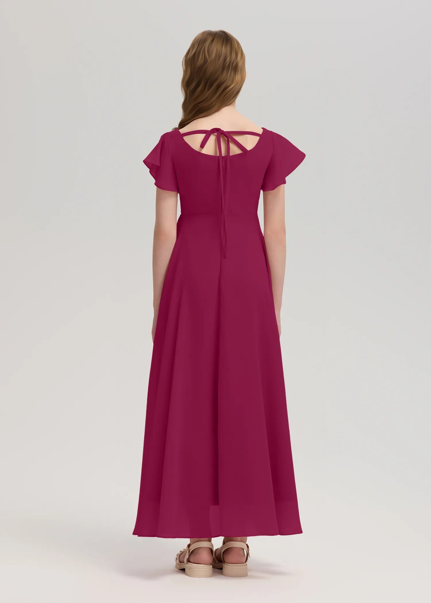 Square Neck Flutter Sleeve Chiffon Dress -[Red]