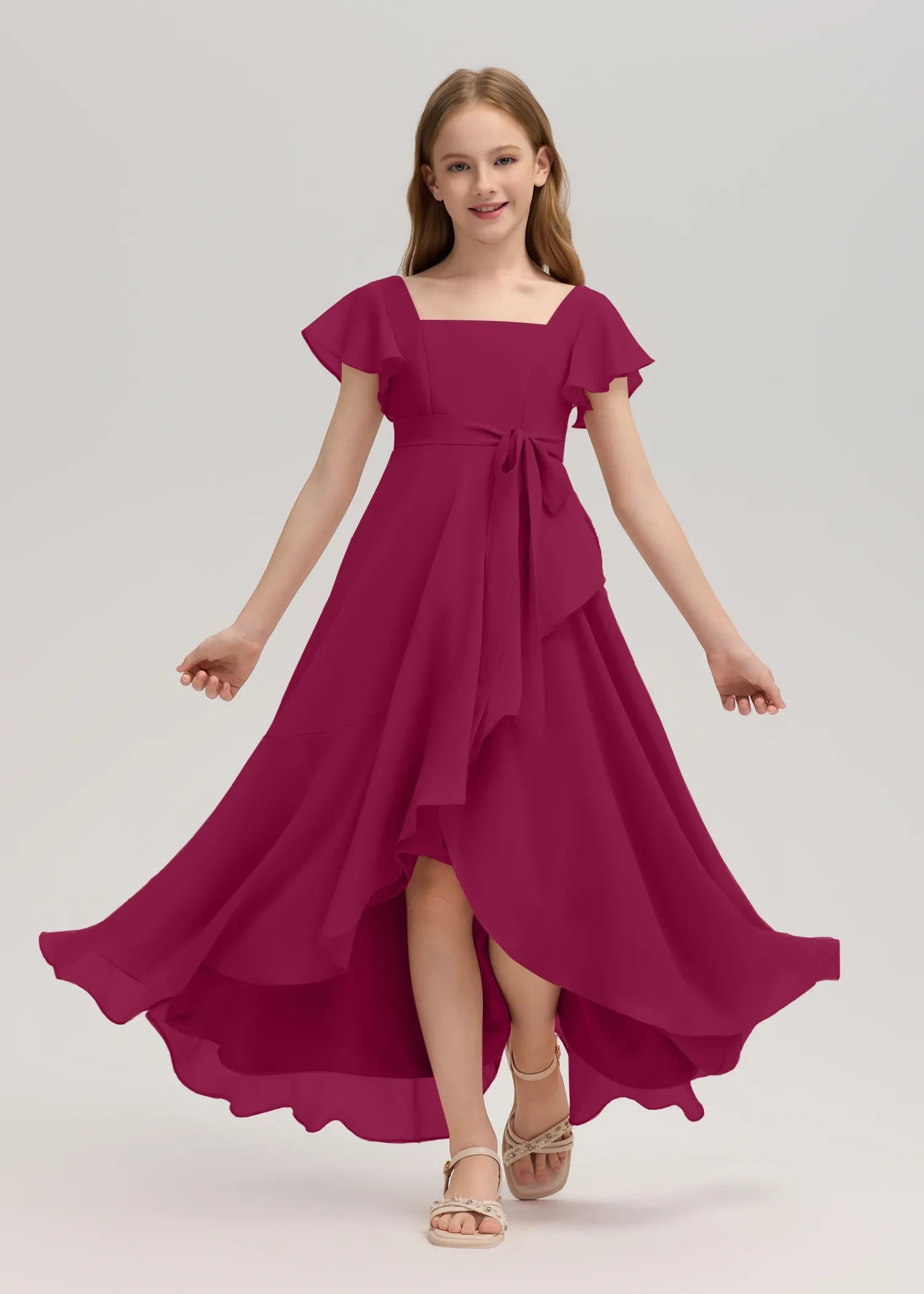 Square Neck Flutter Sleeve Chiffon Dress -[Red]