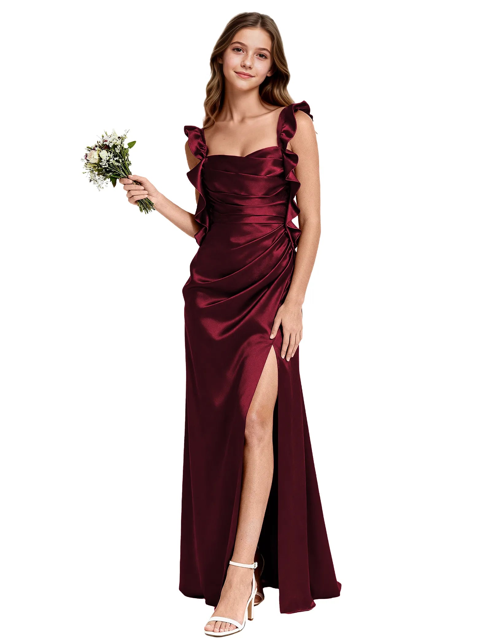 Satin Ruffle-Shoulder Flower Girl Maxi Dress