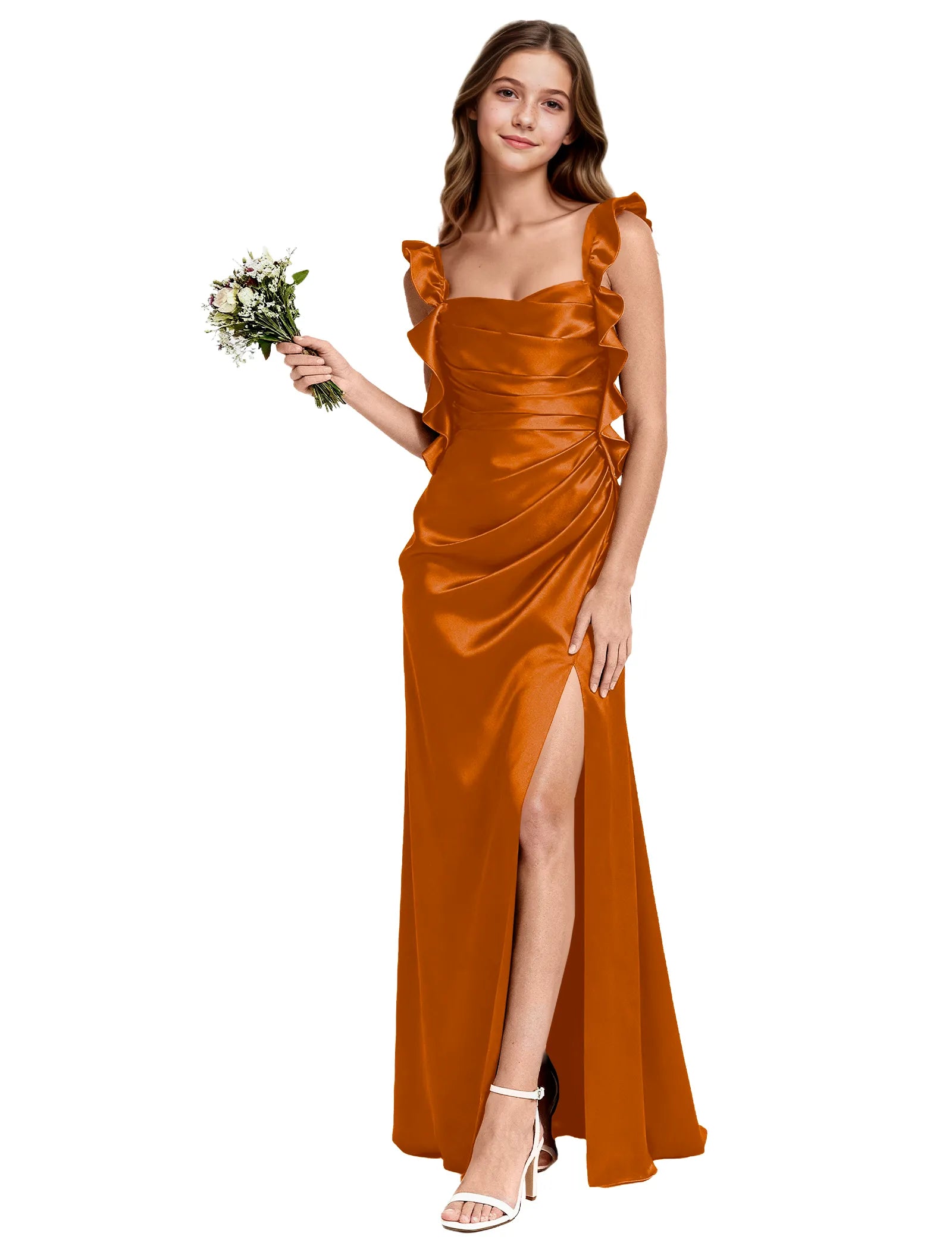 Satin Ruffle-Shoulder Flower Girl Maxi Dress