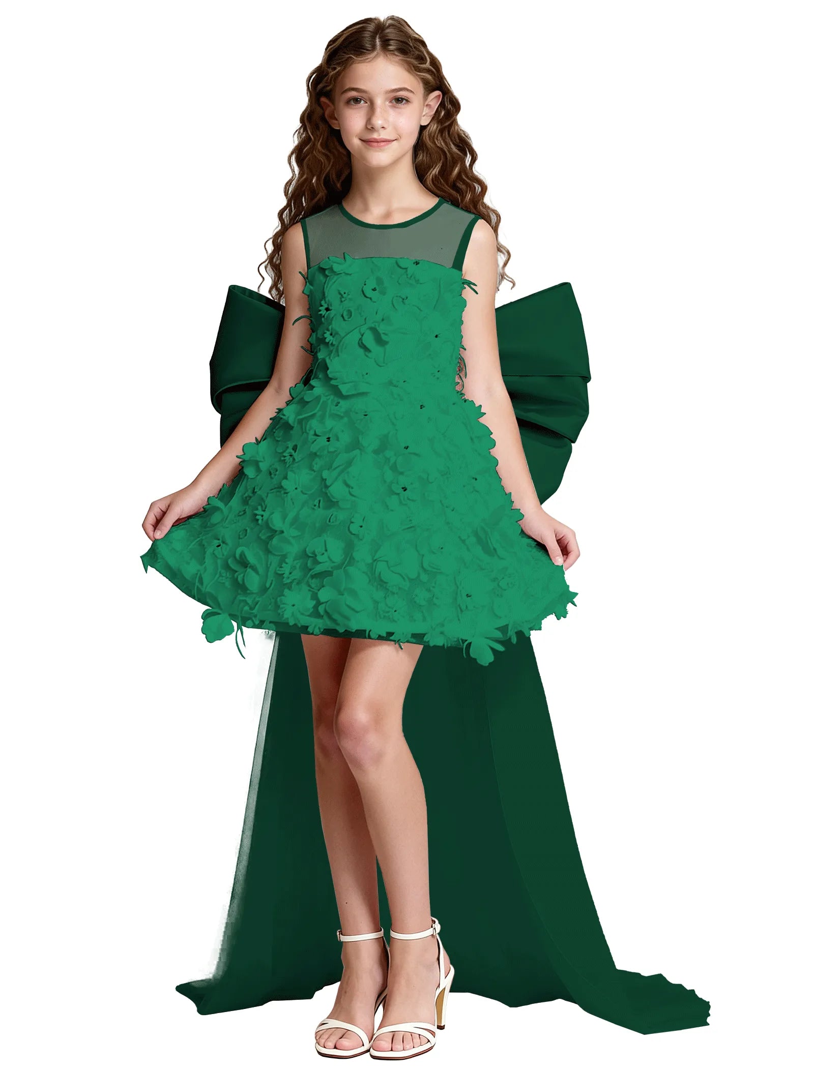 3D Floral High-Low Tulle Dress for Girls