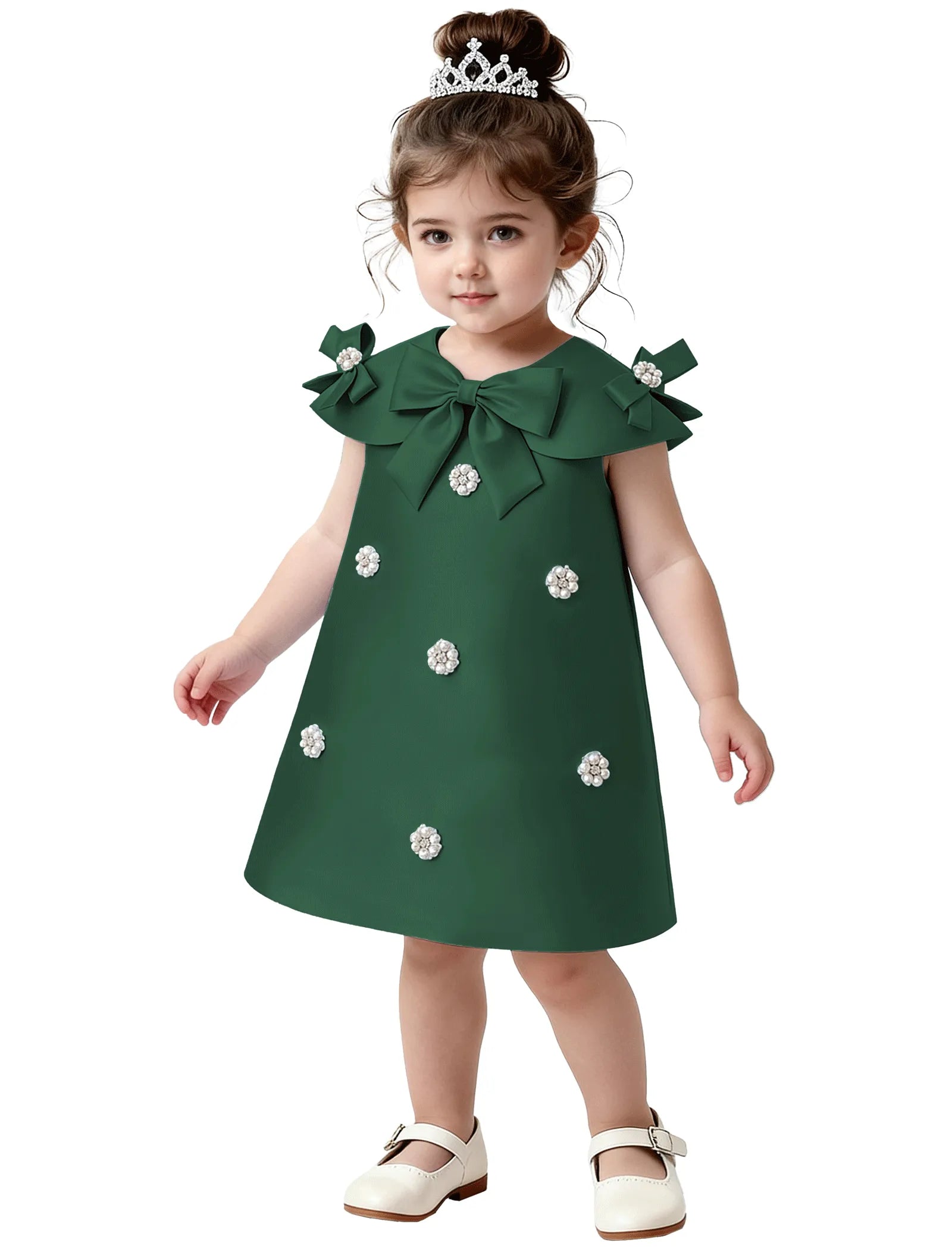 Toddler Satin Bow Dress with Pearl Flower Embellishments