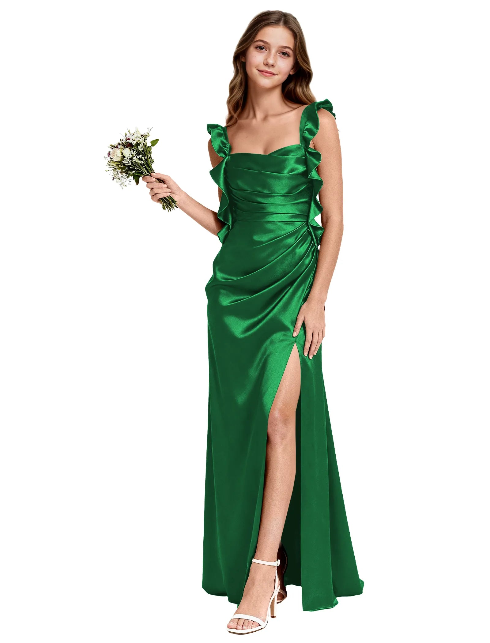 Satin Ruffle-Shoulder Flower Girl Maxi Dress