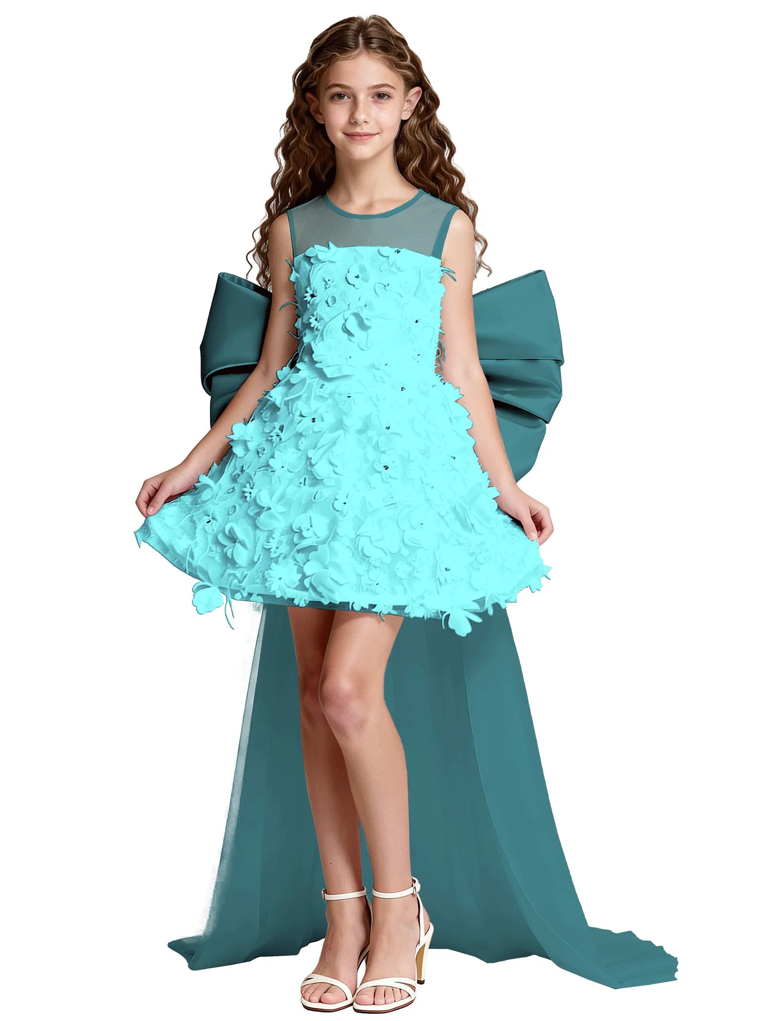 3D Floral High-Low Tulle Dress for Girls