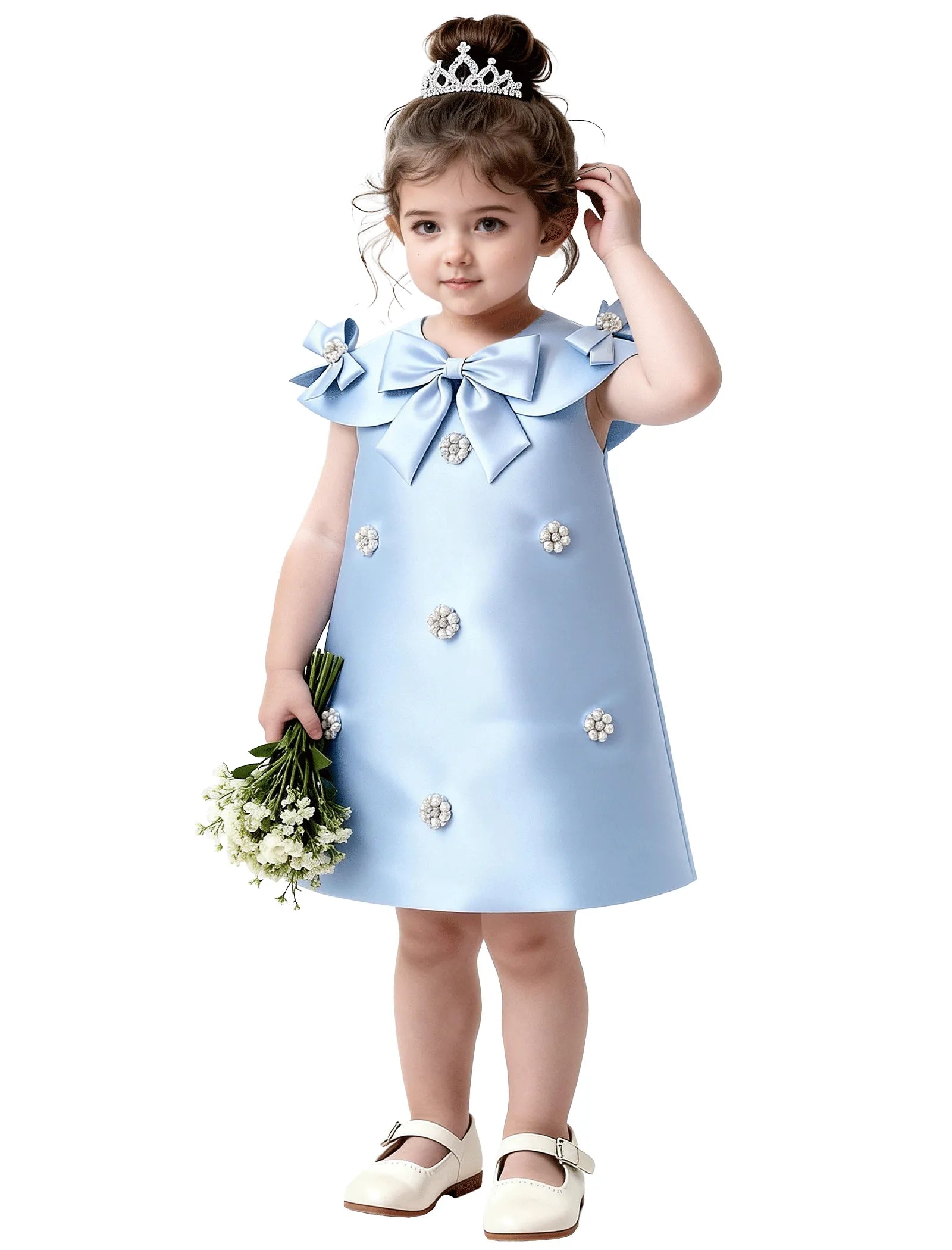 Toddler Satin Bow Dress with Pearl Flower Embellishments