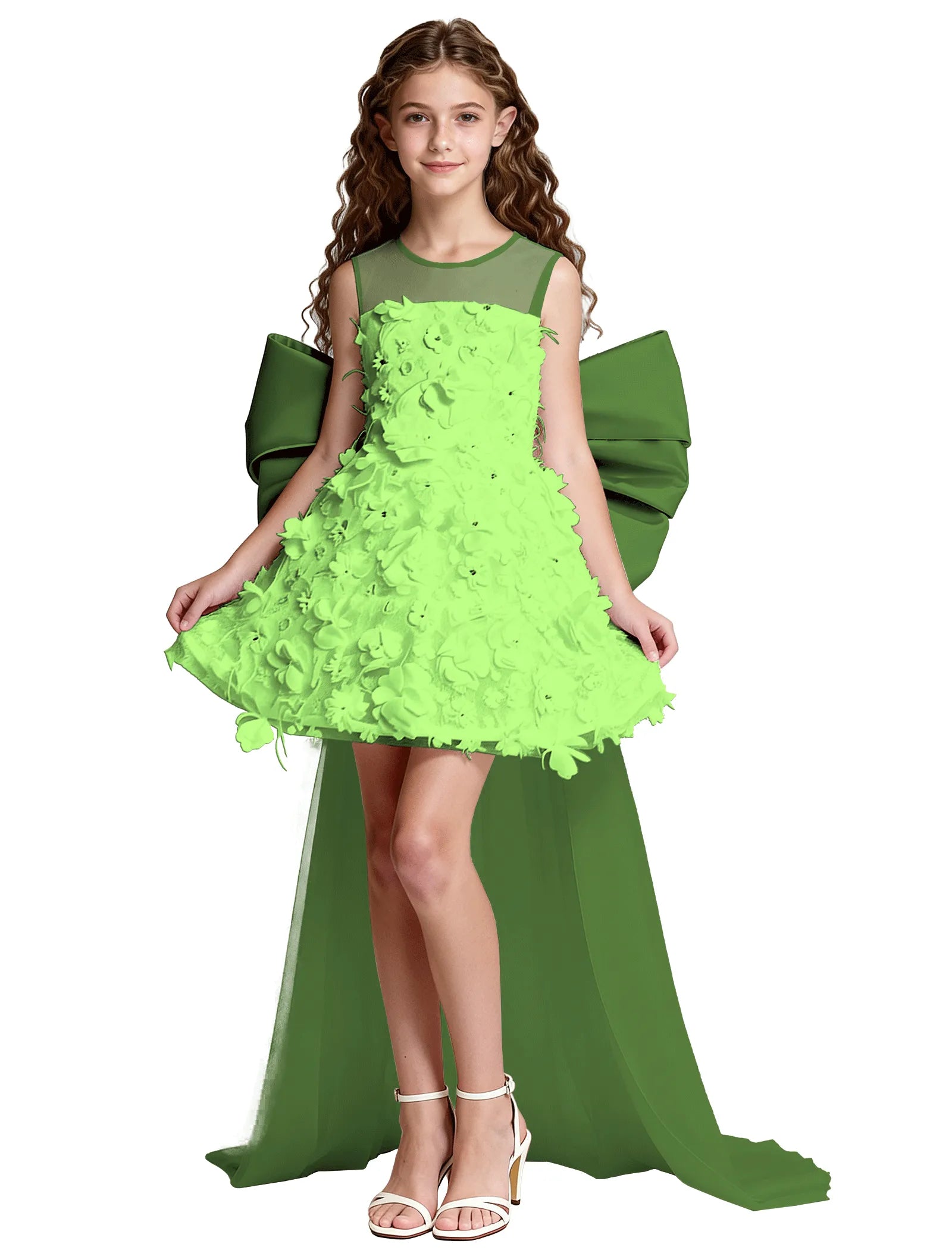 3D Floral High-Low Tulle Dress for Girls