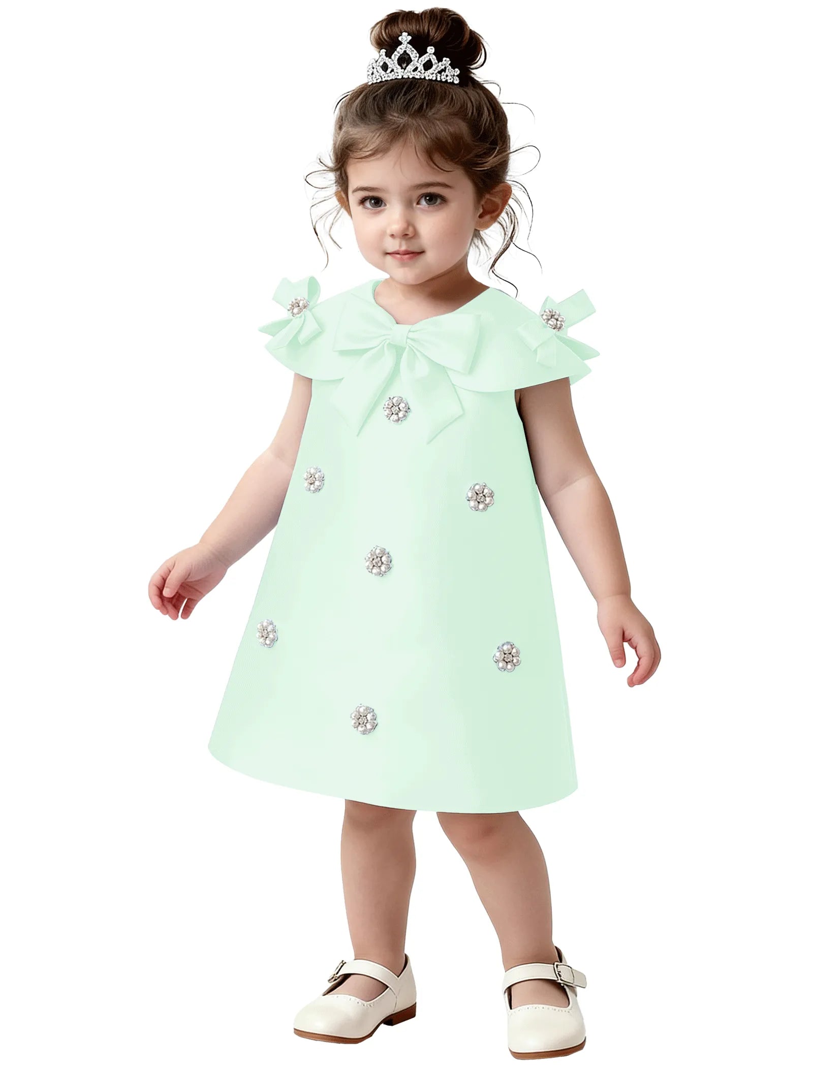 Toddler Satin Bow Dress with Pearl Flower Embellishments