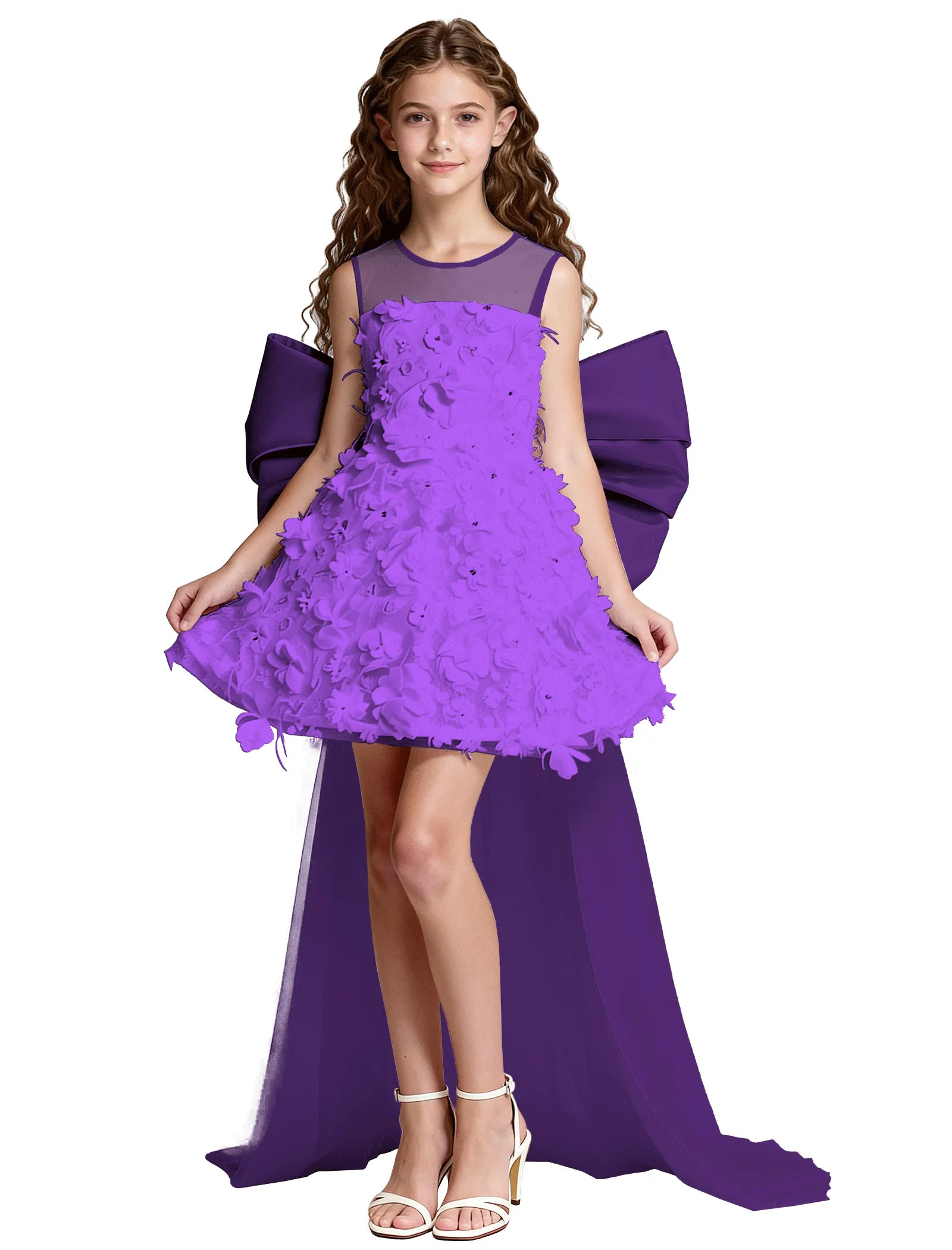 3D Floral High-Low Tulle Dress for Girls