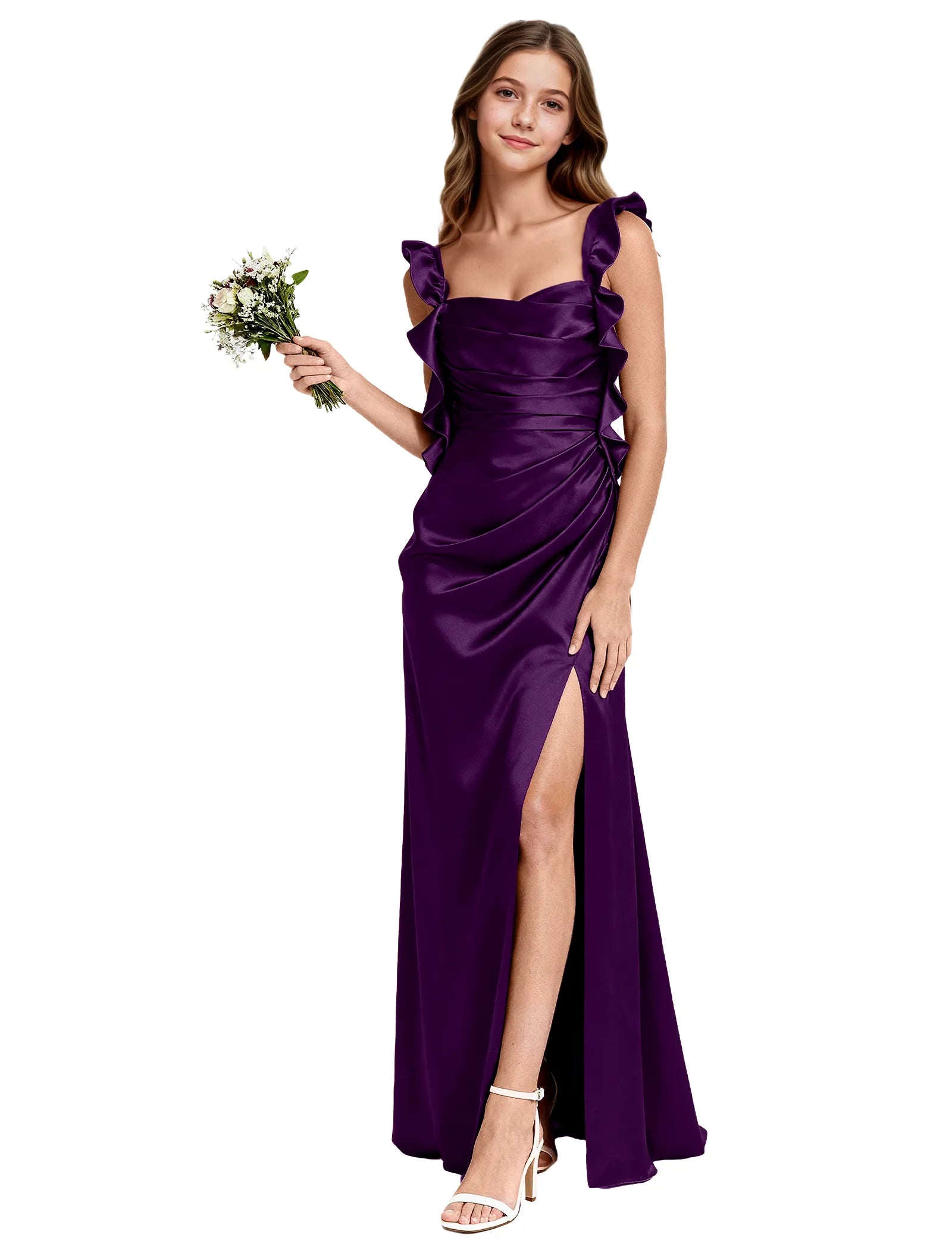 Satin Ruffle-Shoulder Flower Girl Maxi Dress