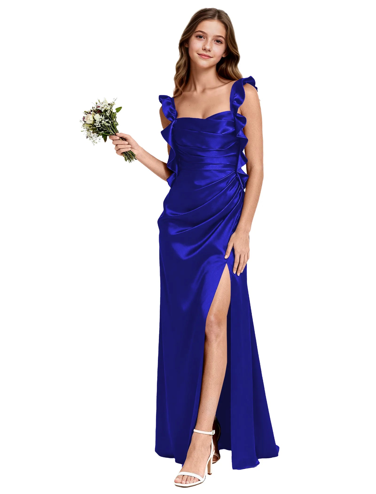 Satin Ruffle-Shoulder Flower Girl Maxi Dress