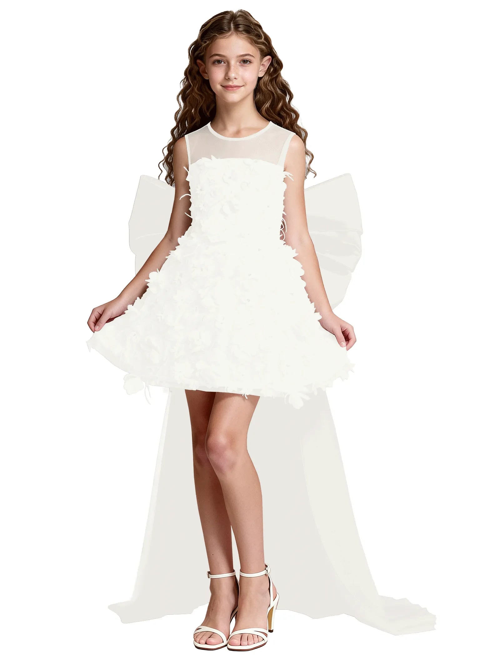 3D Floral High-Low Tulle Dress for Girls