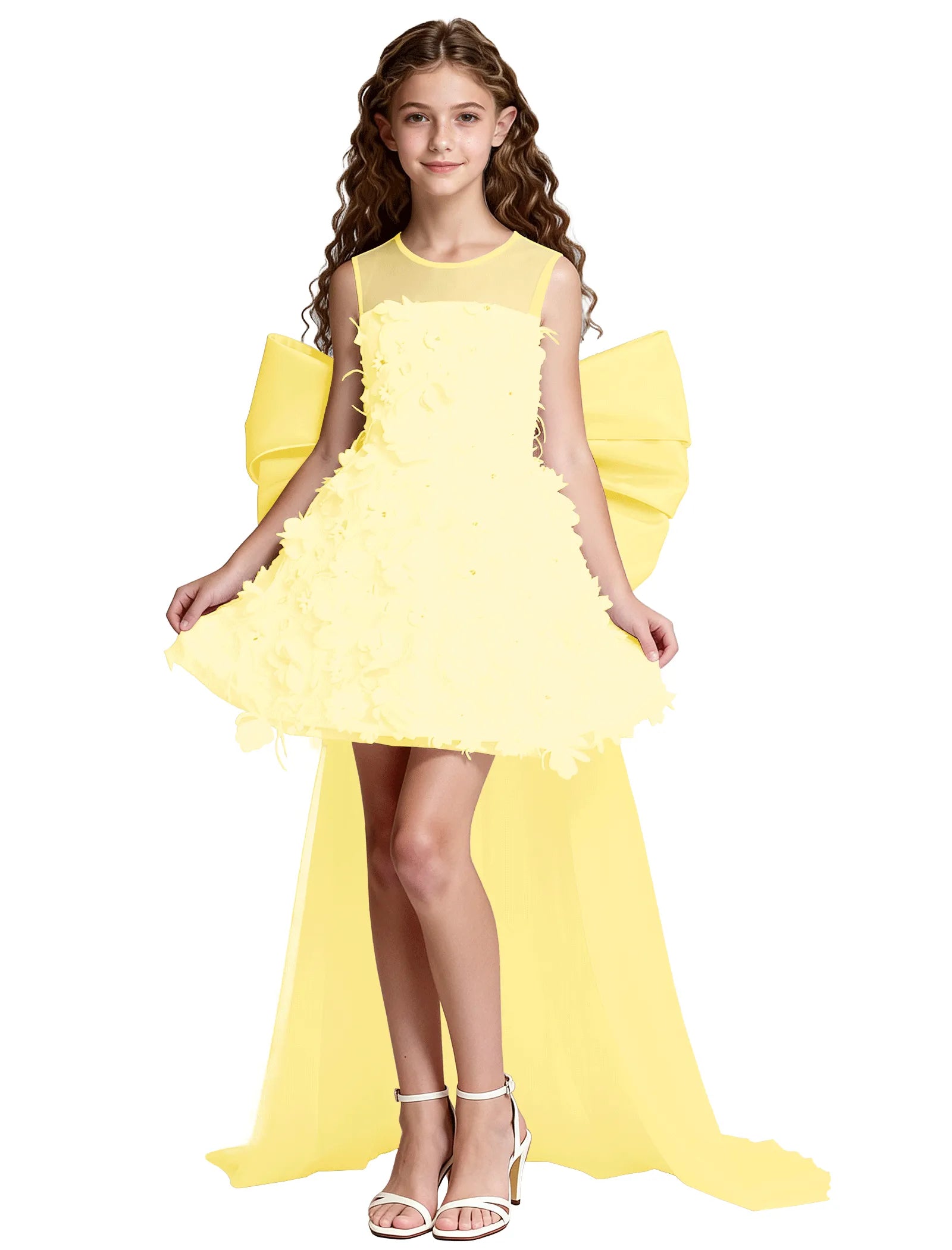 3D Floral High-Low Tulle Dress for Girls