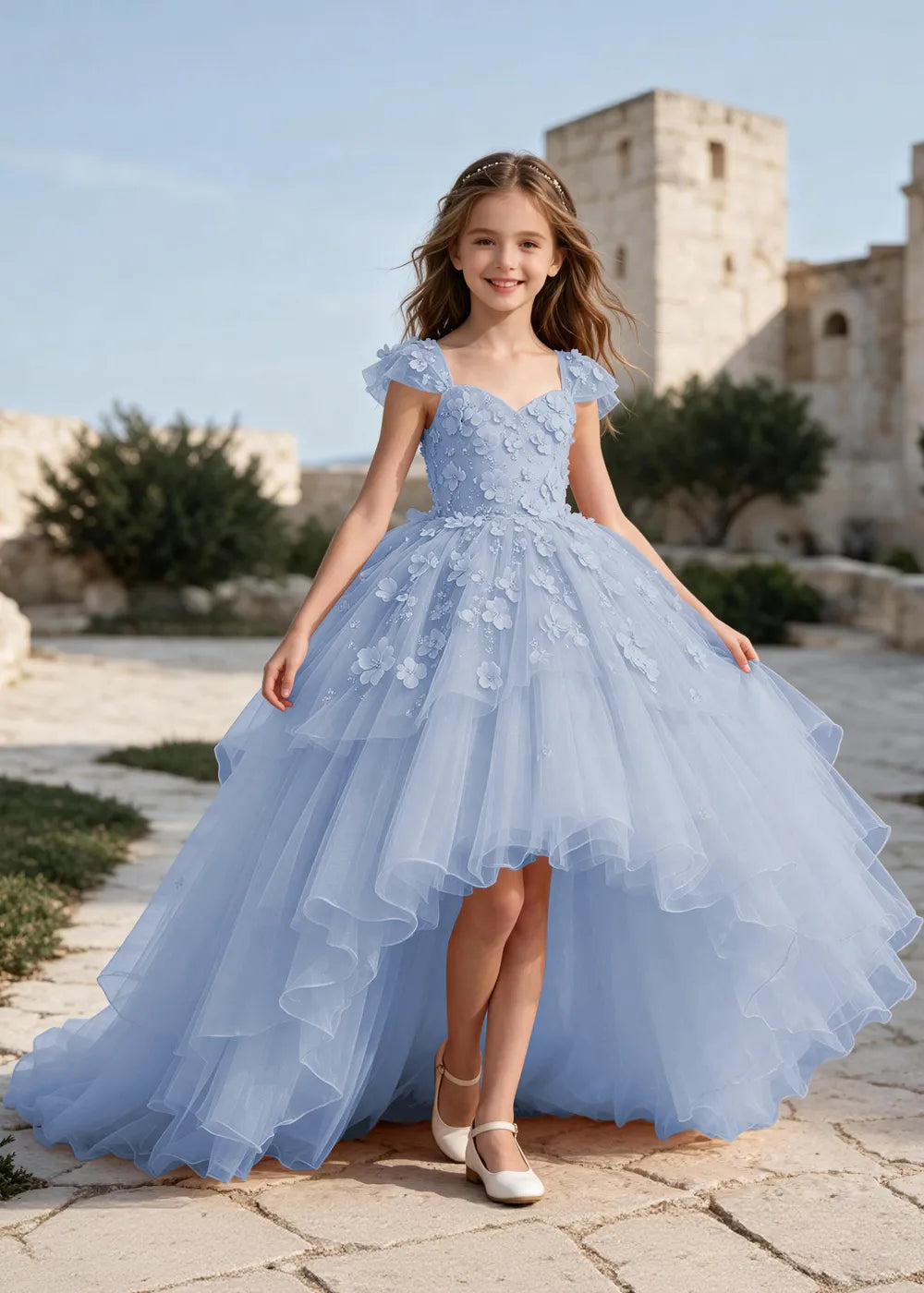 Floral Tulle Ball Gown Dress with Long Train for Girls