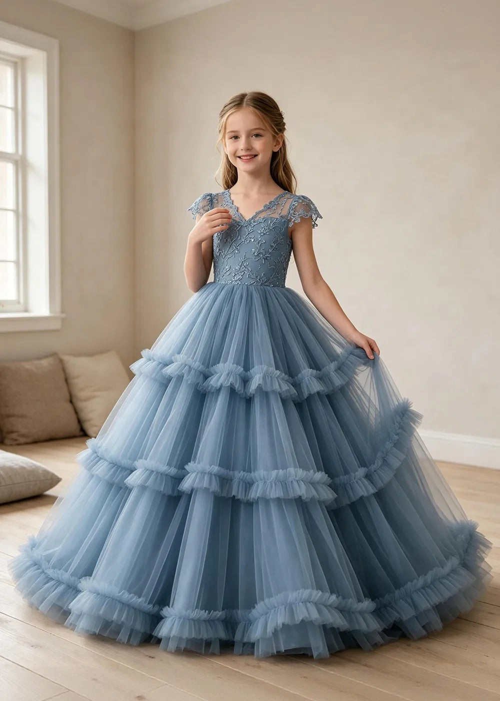 オフショルダーのレースプリンセスドレス