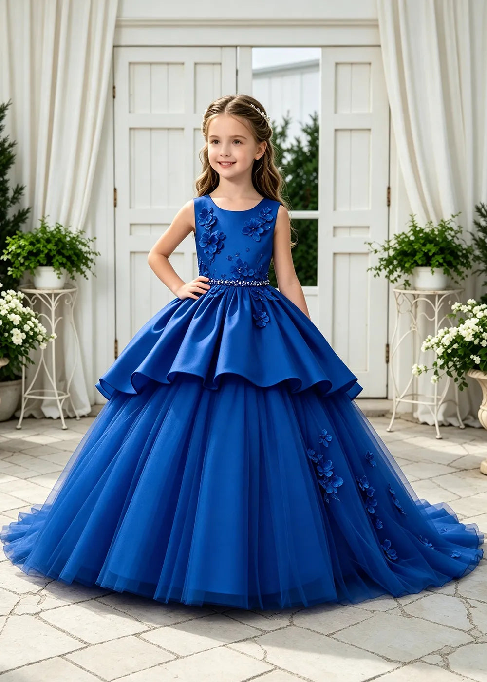 Floral Appliqué Tulle Ball Gown Dress for Girls