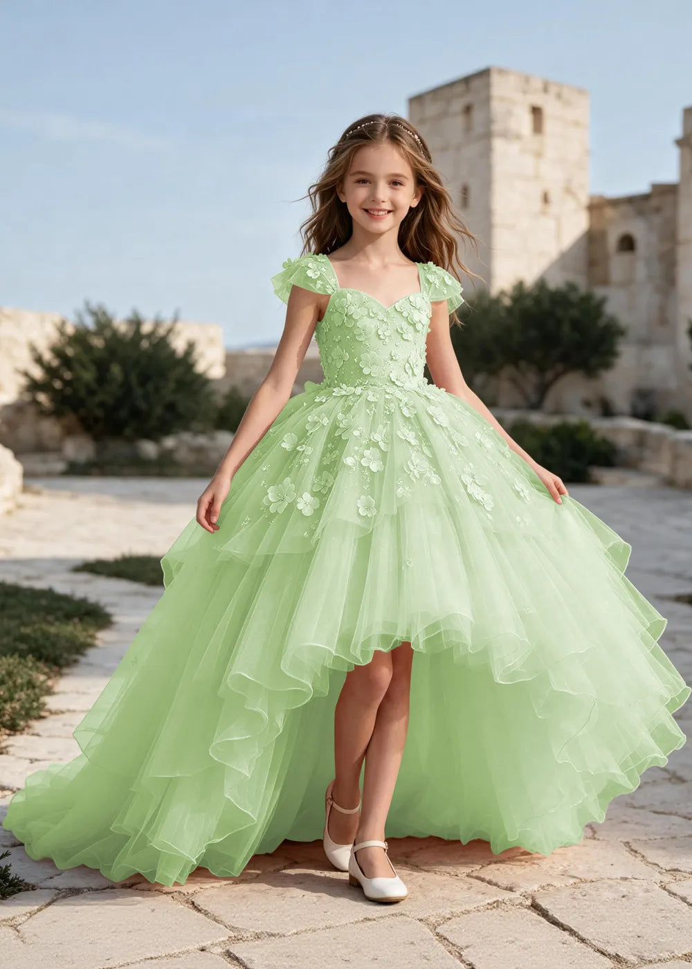 Floral Tulle Ball Gown Dress with Long Train for Girls