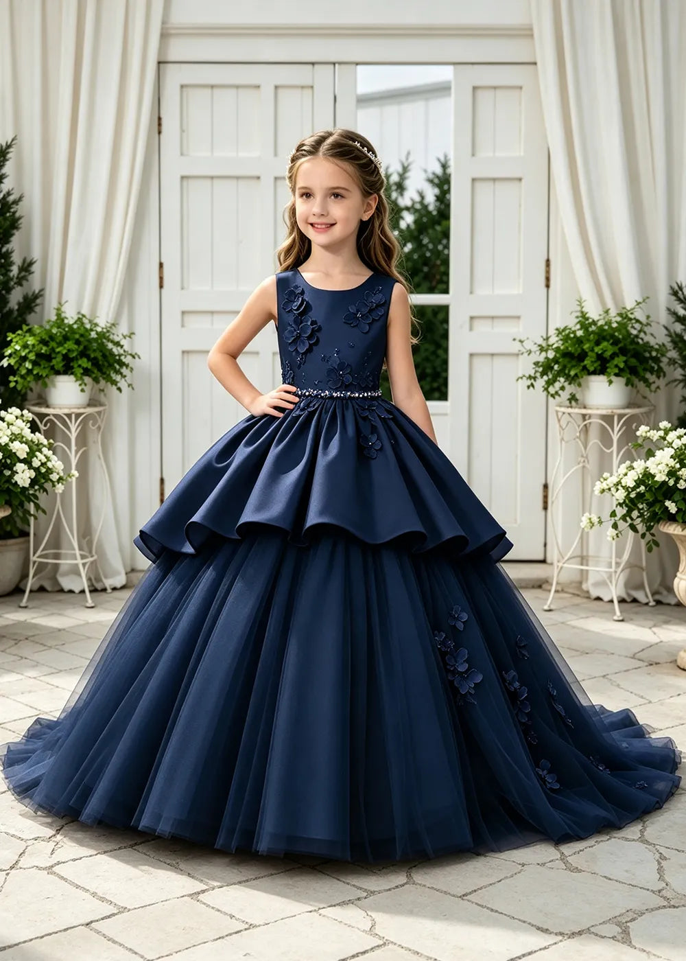 Floral Appliqué Tulle Ball Gown Dress for Girls
