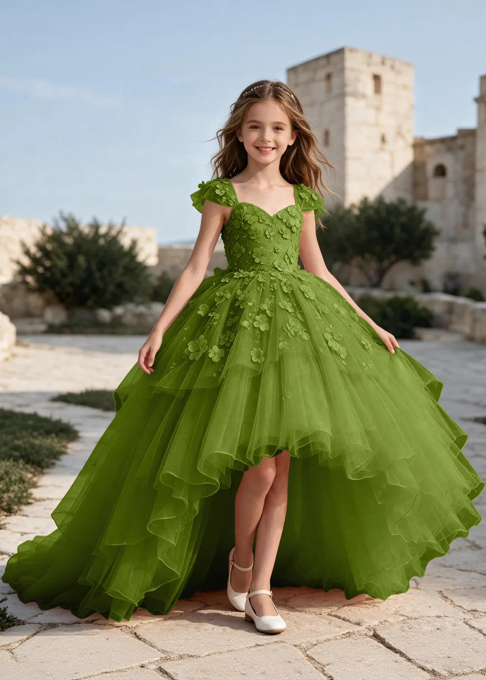 Floral Tulle Ball Gown Dress with Long Train for Girls