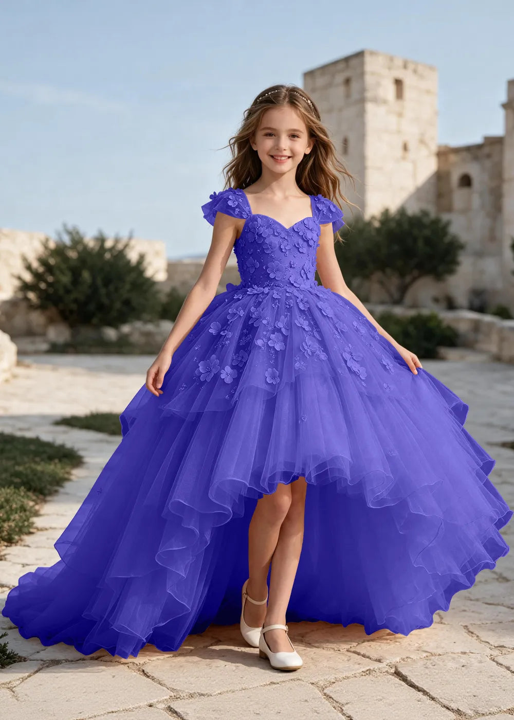 Floral Tulle Ball Gown Dress with Long Train for Girls