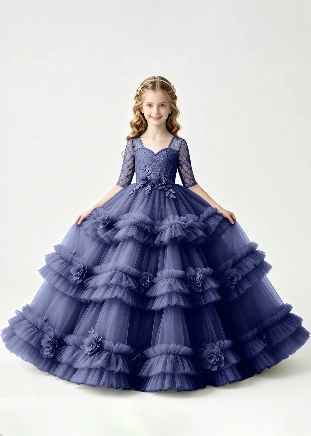 Layered Floral Tulle Ball Gown Dress for Girls