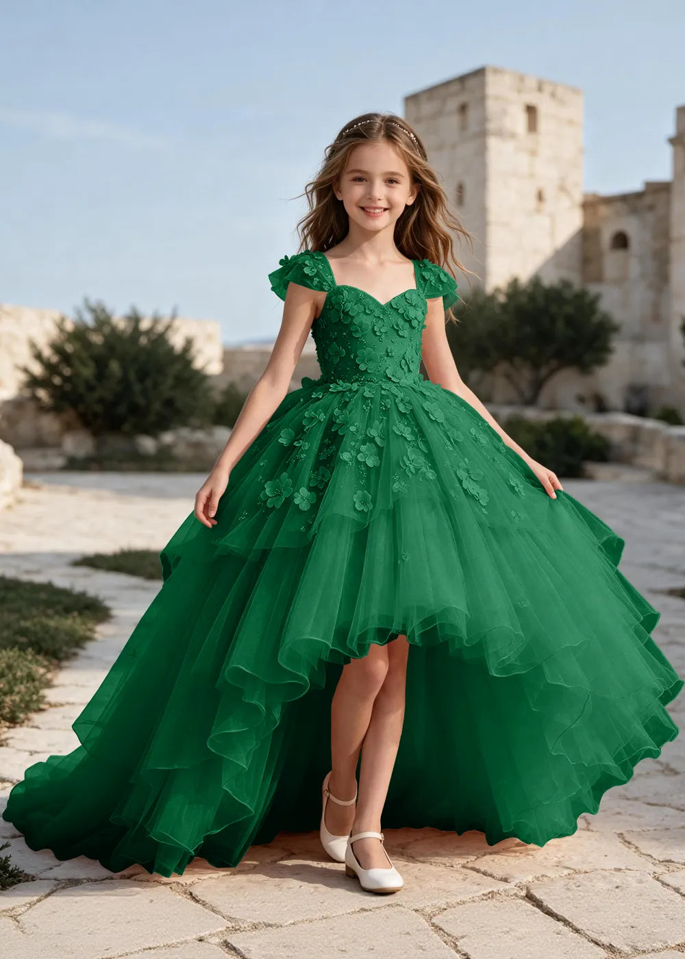 Floral Tulle Ball Gown Dress with Long Train for Girls