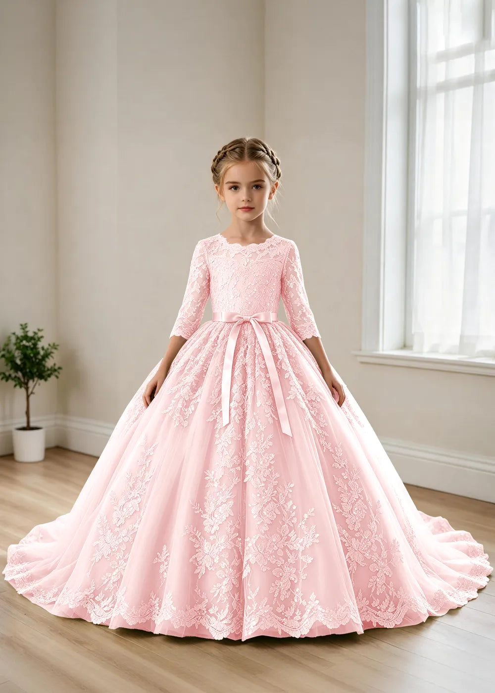 オフショルダーのレースプリンセスドレス