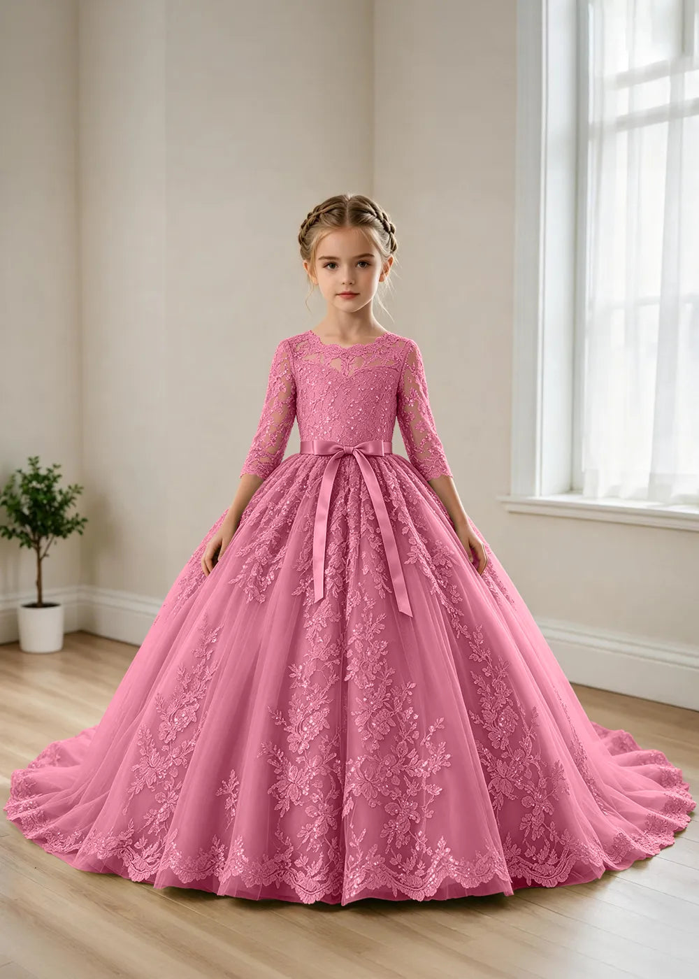 オフショルダーのレースプリンセスドレス