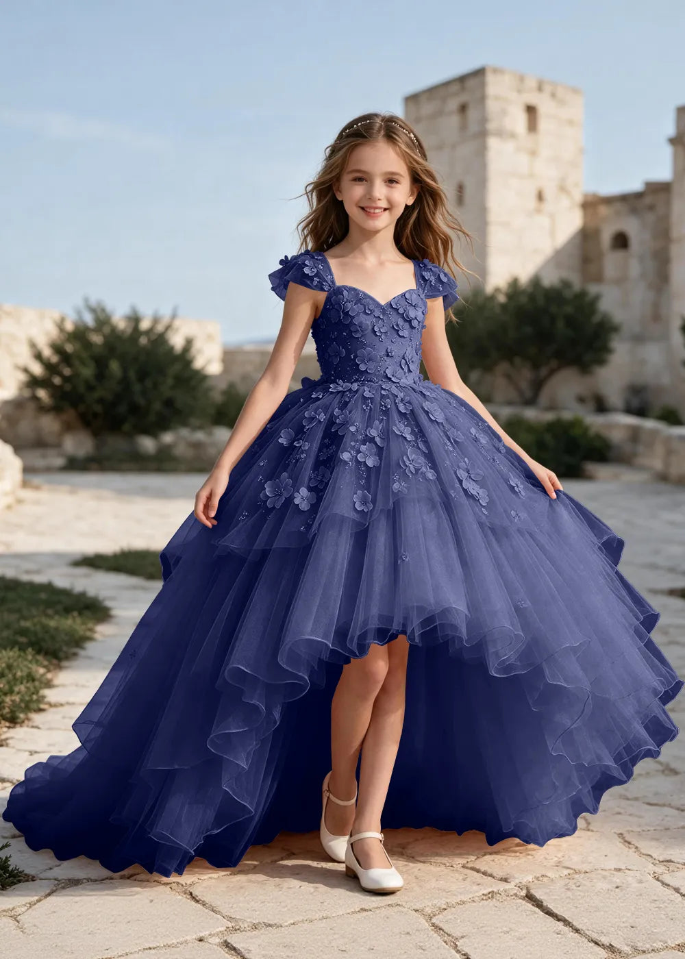 Floral Tulle Ball Gown Dress with Long Train for Girls