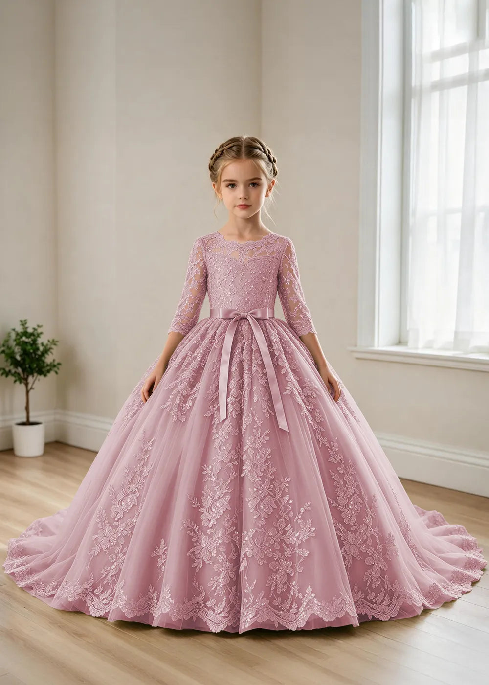 オフショルダーのレースプリンセスドレス