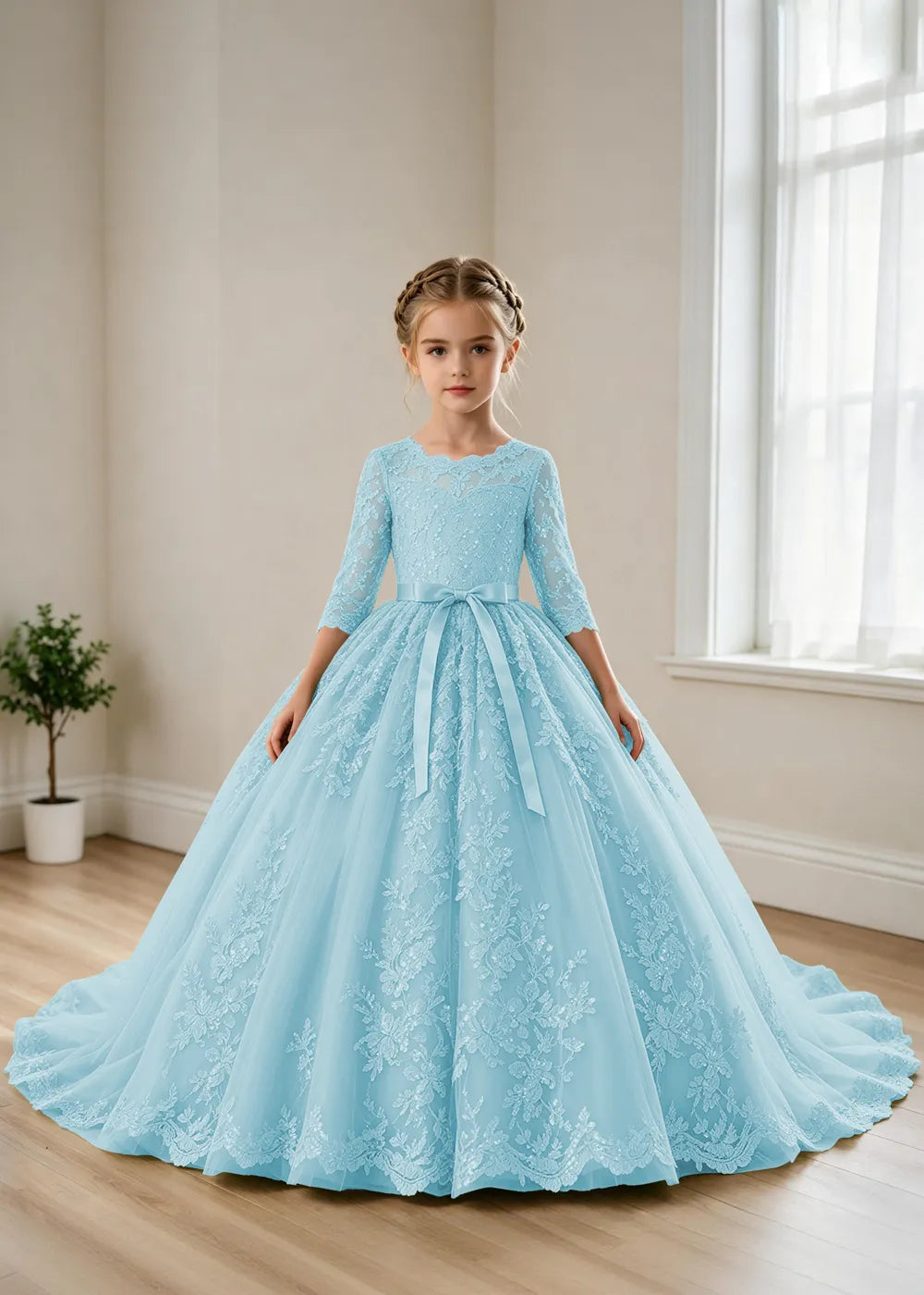 オフショルダーのレースプリンセスドレス