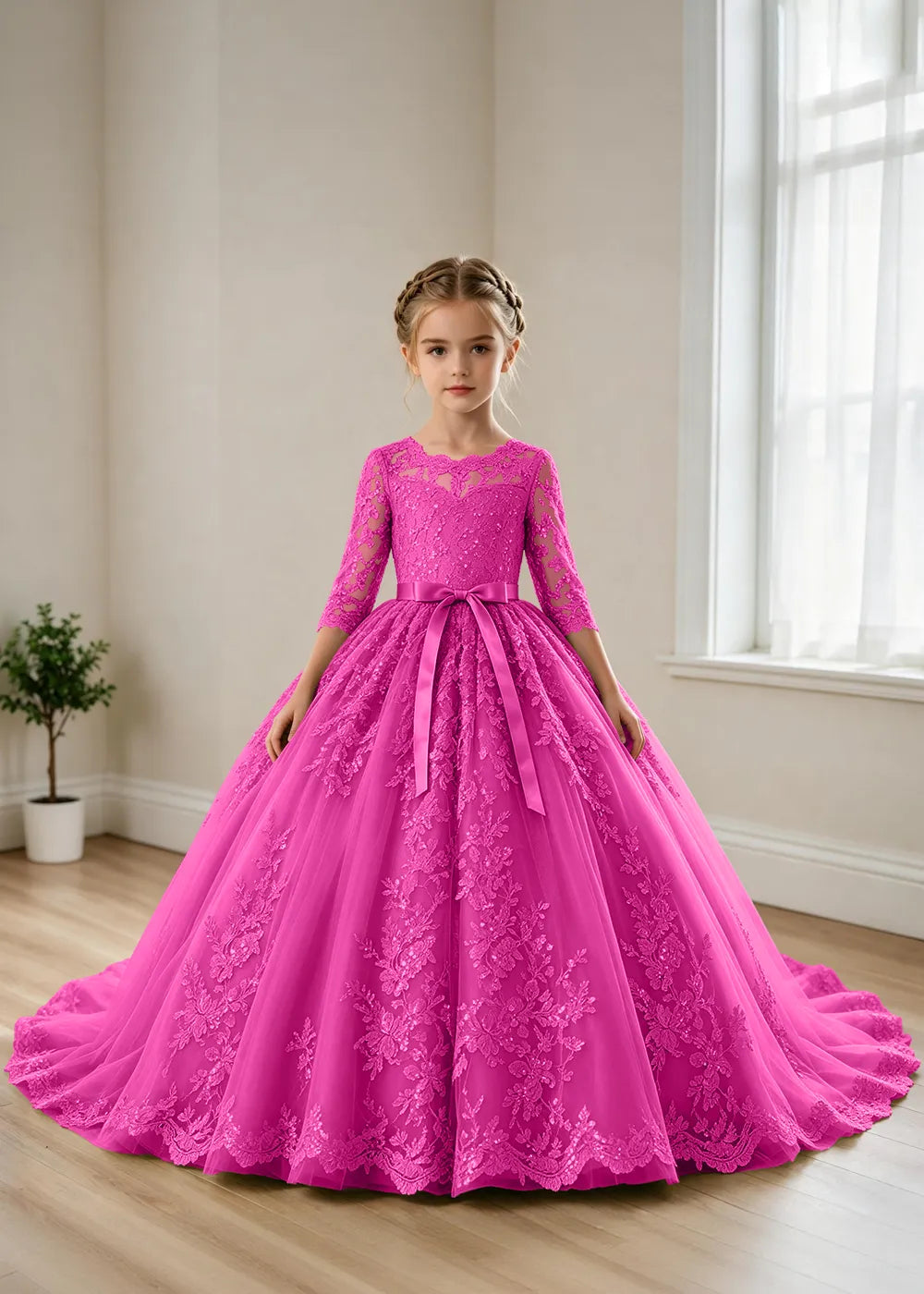 オフショルダーのレースプリンセスドレス