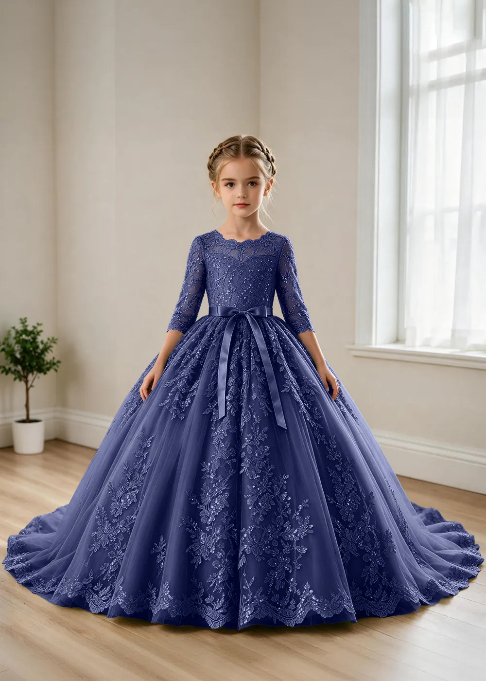 Elegant Lace Princess Dress with Full Tulle Skirt for Girls