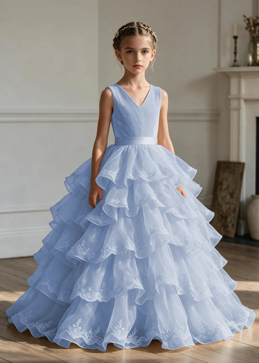 Elegant Girls Satin Princess Dress with Layered Ruffle Skirt