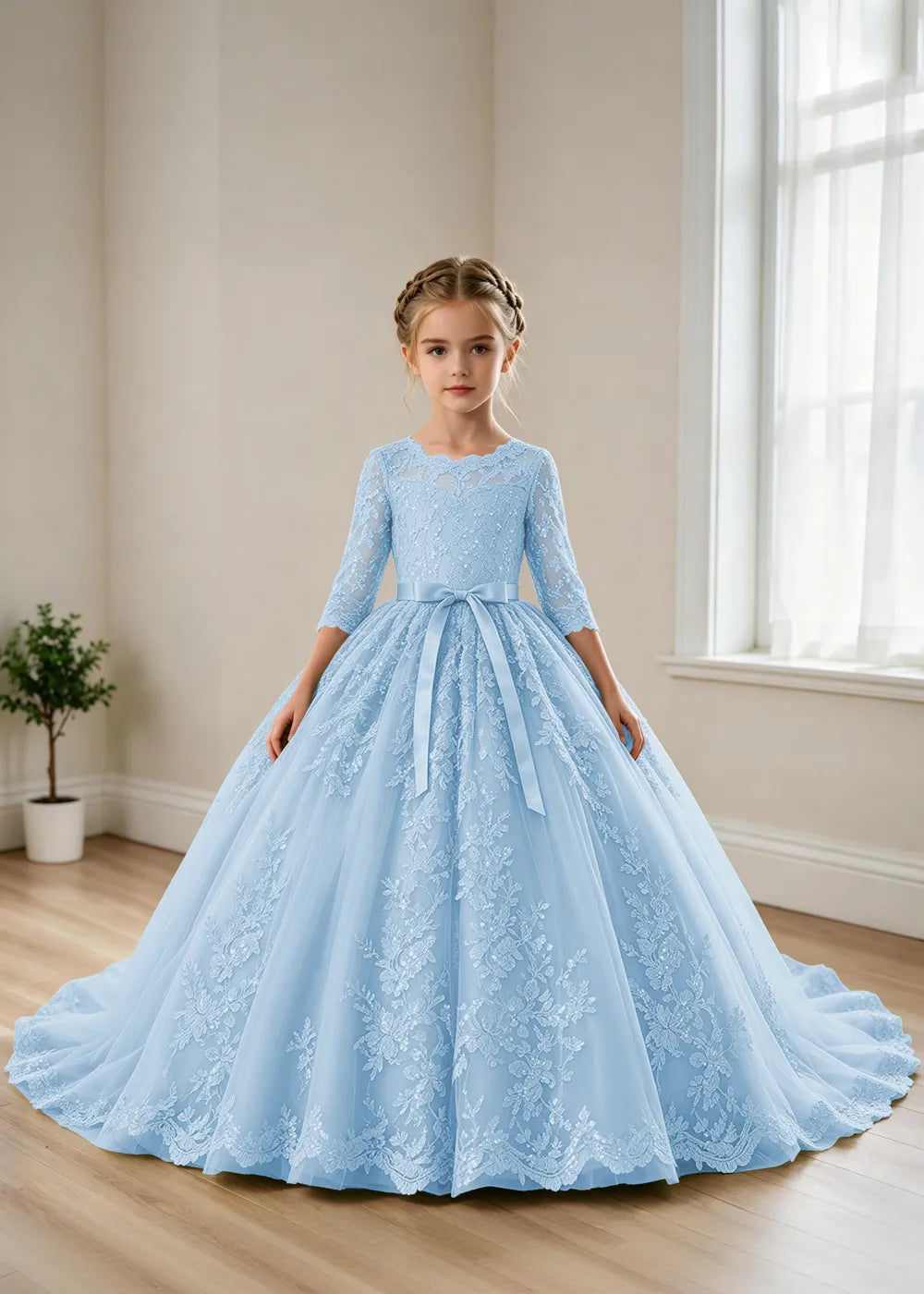 Elegant Lace Princess Dress with Full Tulle Skirt for Girls
