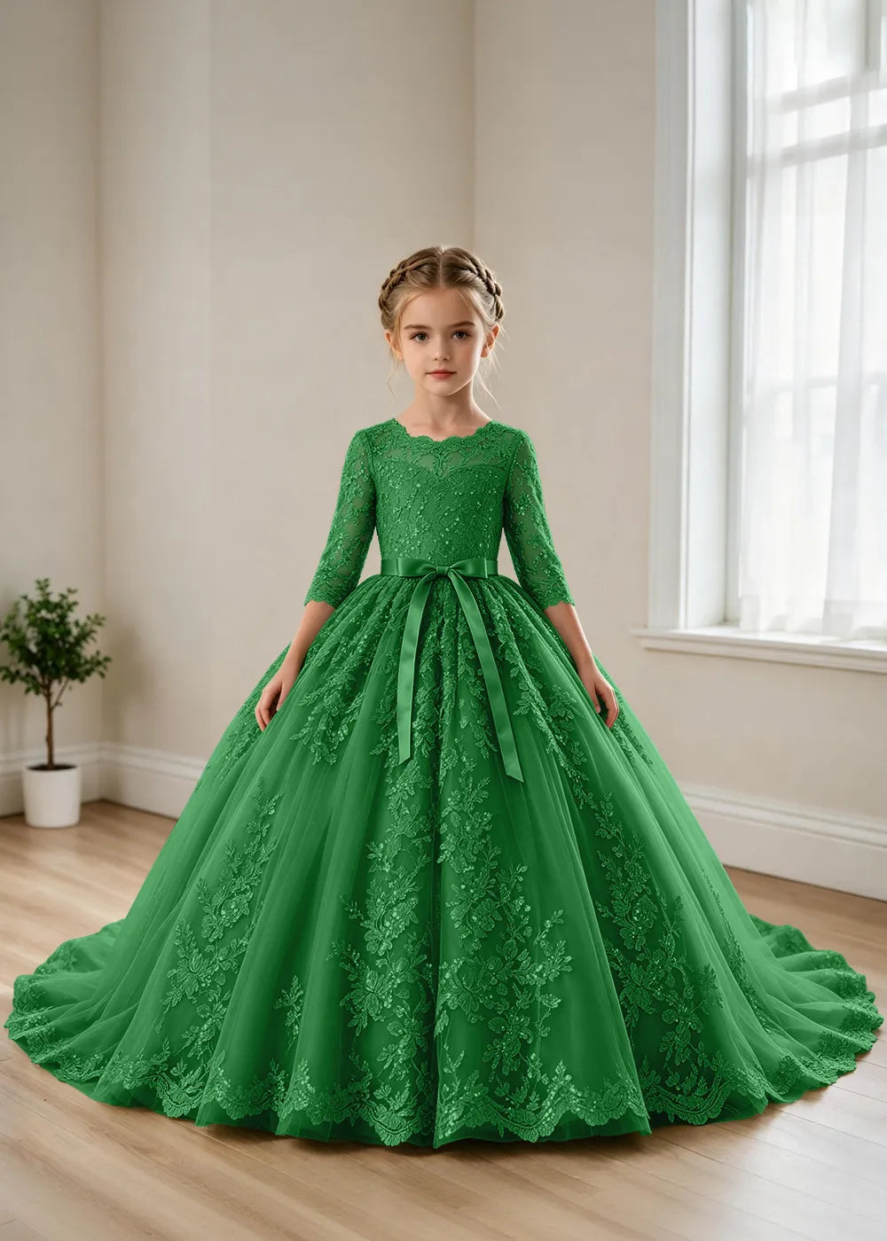 Elegant Lace Princess Dress with Full Tulle Skirt for Girls