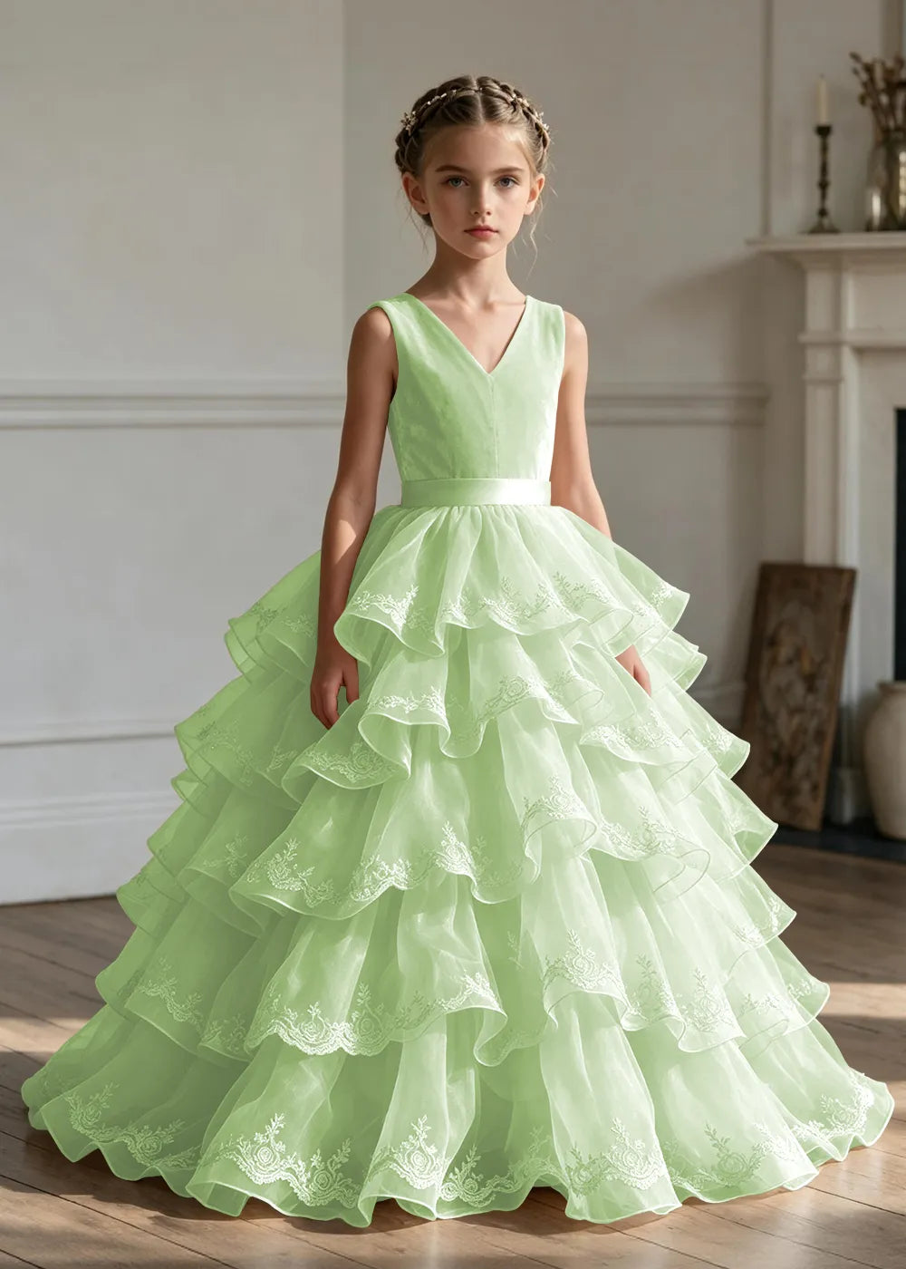 Elegant Girls Satin Princess Dress with Layered Ruffle Skirt